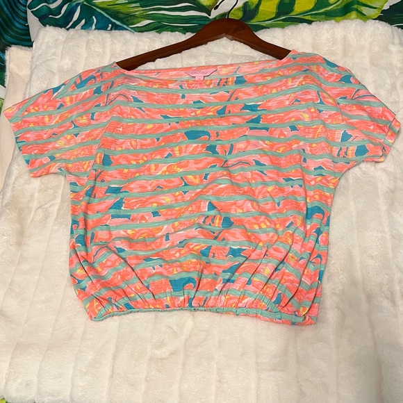 Lilly Pulitzer XS Carmine Pink Tropical Stripe Batwing Cinched Waist Mini Dress - Picture 4 of 9